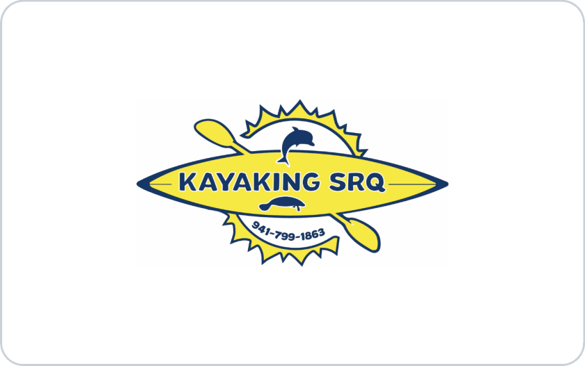 Yellow kayak logo with paddles, sunburst, dolphin, and 'KAYAKING SRQ' text on white background.